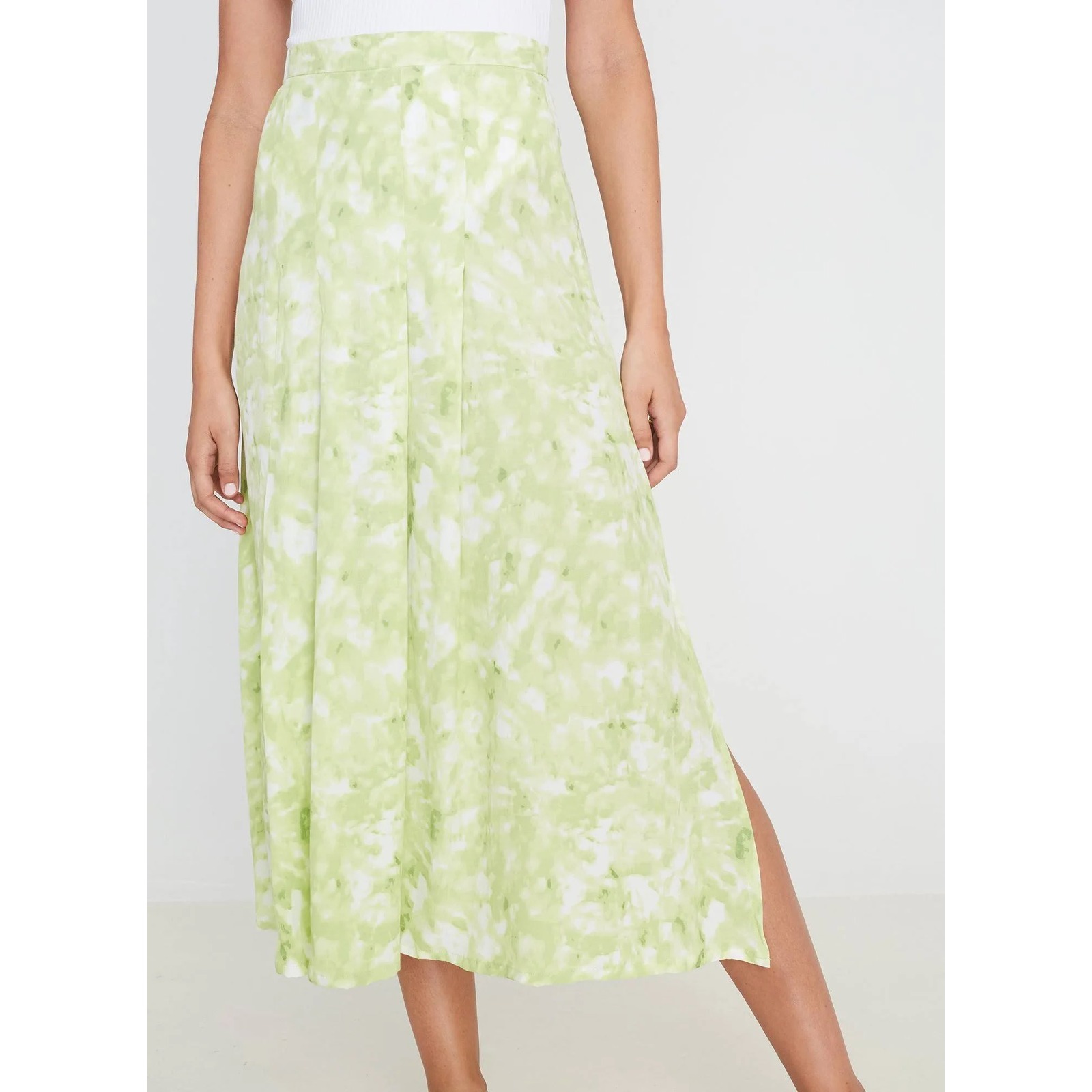 Faithfull The Brand Lime Green Tie Dye Pleated Midi Skirt With Side Slit Size 8